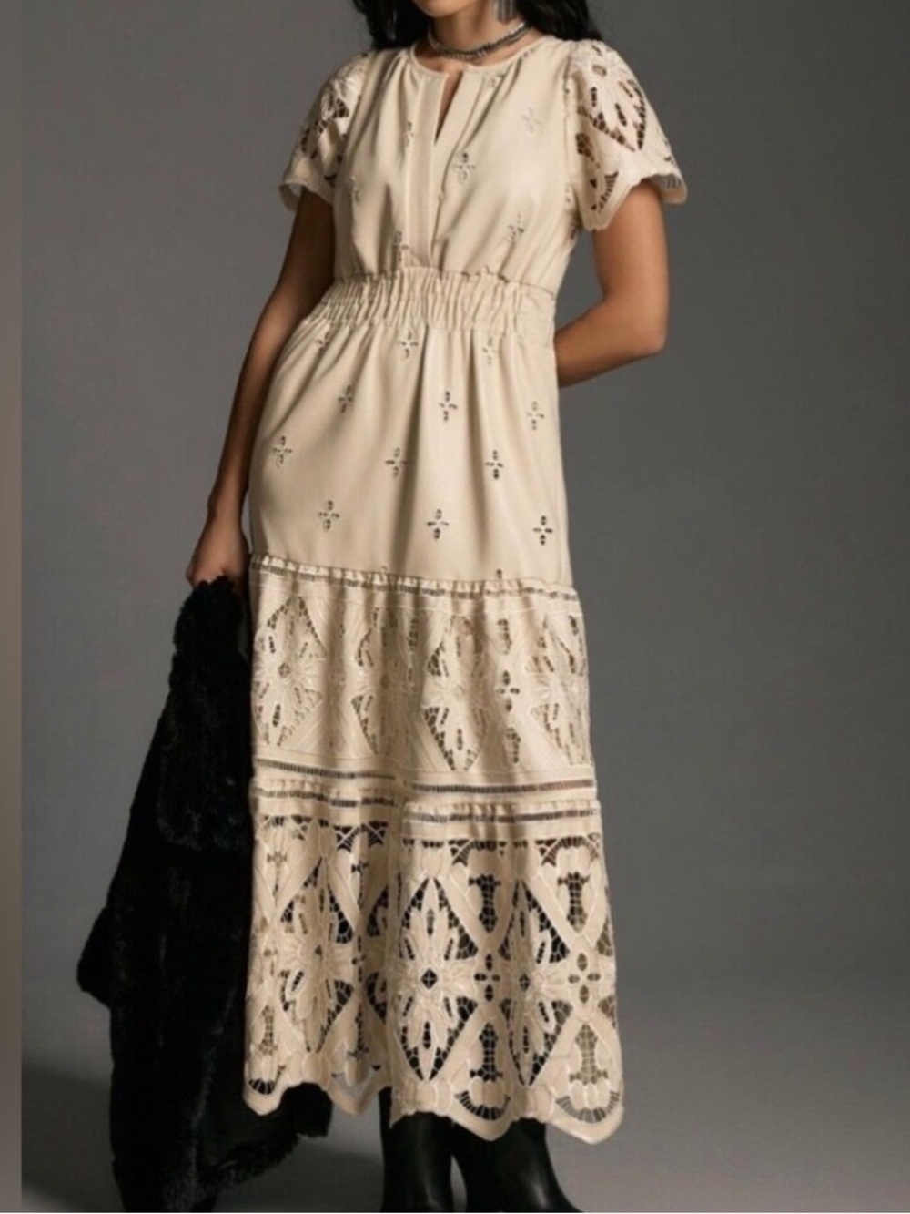 Anthropologie Somerset Faux-leather Crochet Lace maxi dress